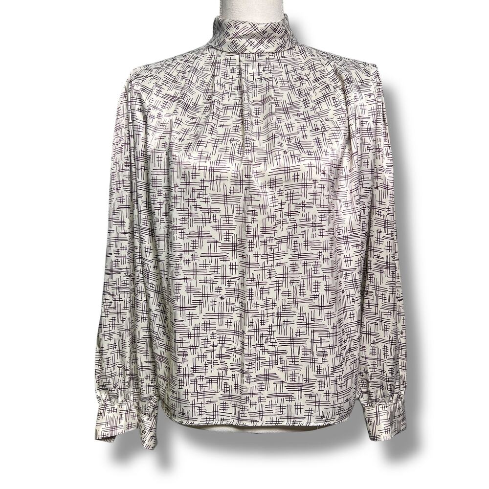 Vintage 70s Silky High Neck Blouse Top Back Buttons Size Medium Retro Office